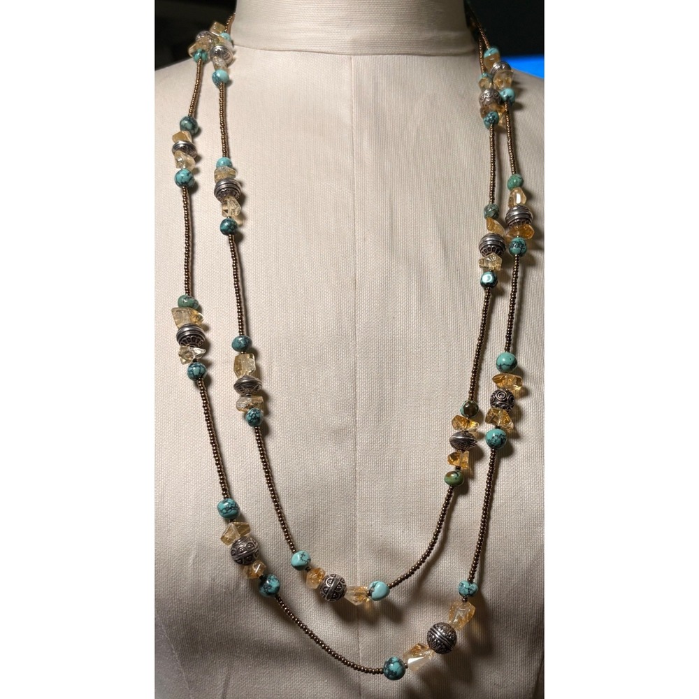 Boho Turquoise Howlite Citrine Glass Beaded Necklace 32" Southwestern Resort